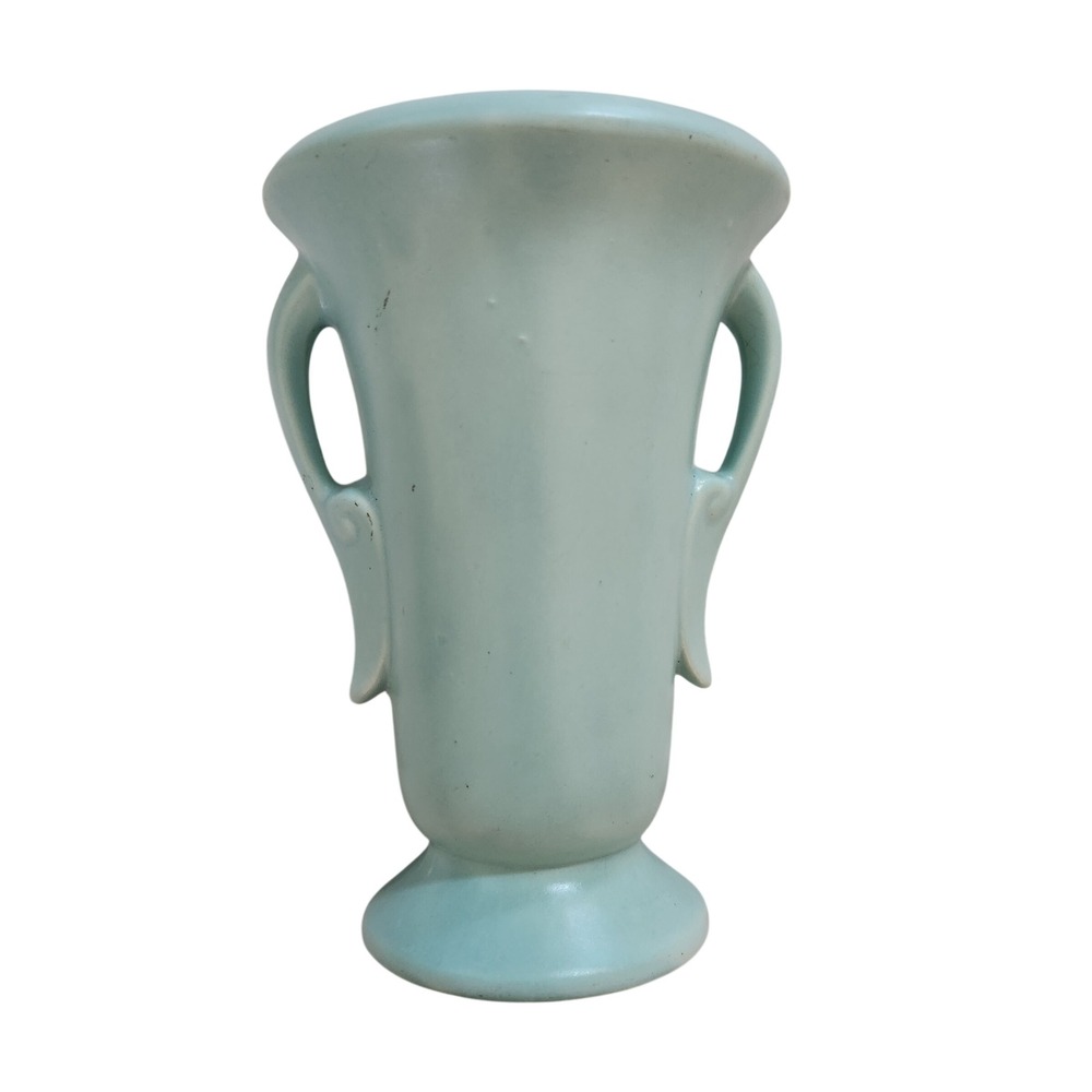 Vintage Art Deco Light Blue Matte Ceramic Double Handled Urn Vase 6 Inch